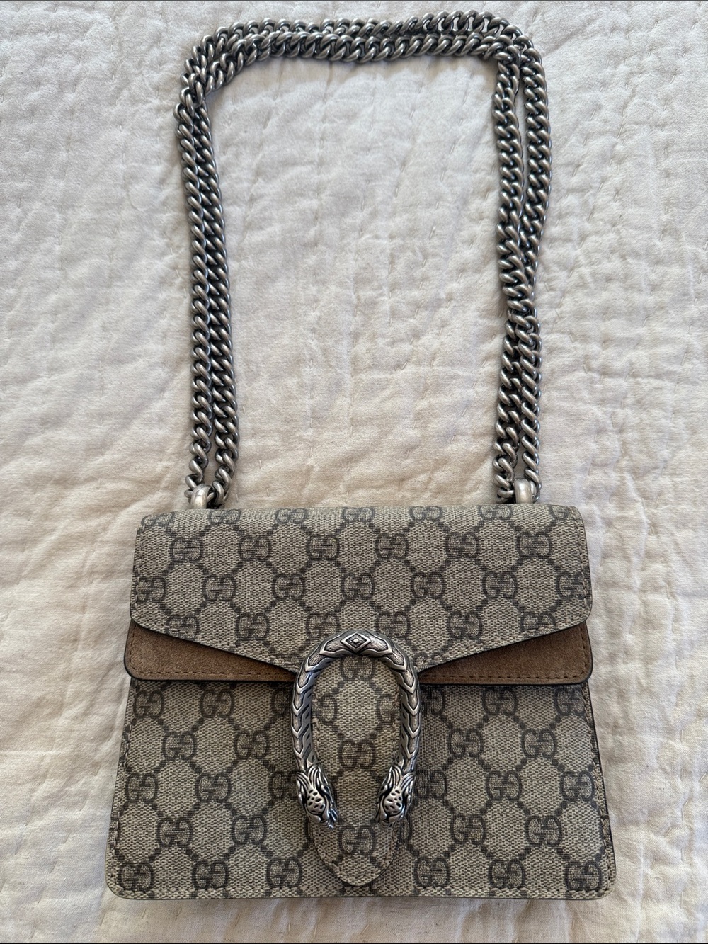 Gucci GG Supreme Shoulder Bag in Beige and Brown with Silver Hardware